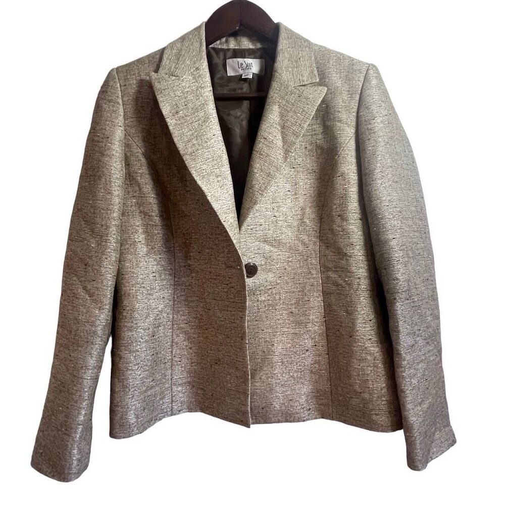 Le Suit Petite Women's Tailored Blazer 6P Tan Cream Sparkle One-Button Jacket